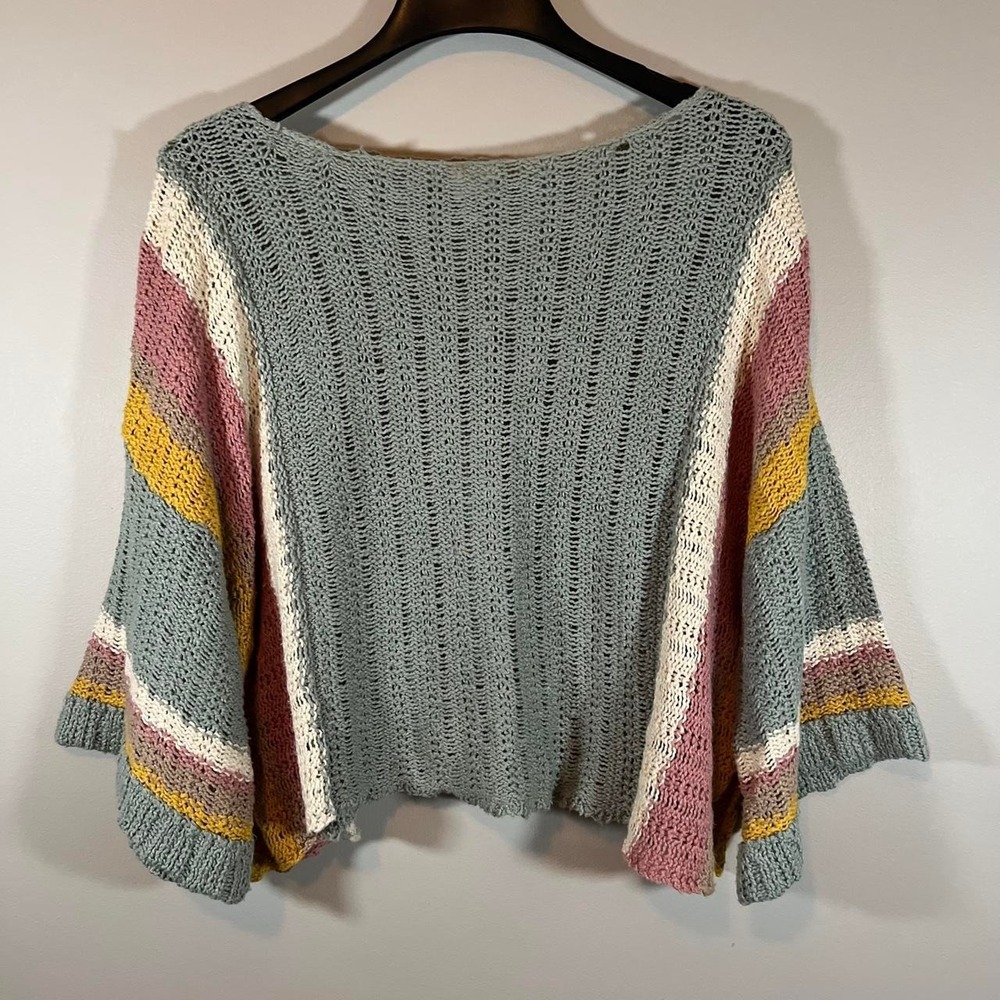 Multicoloured Boho Lagenlook Crochet Knit Cropped Sweater 3/4 Bell Sleeve S